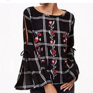 Loft Black Plaid Embroidered Flowers Open Bell Sleeve Top XS